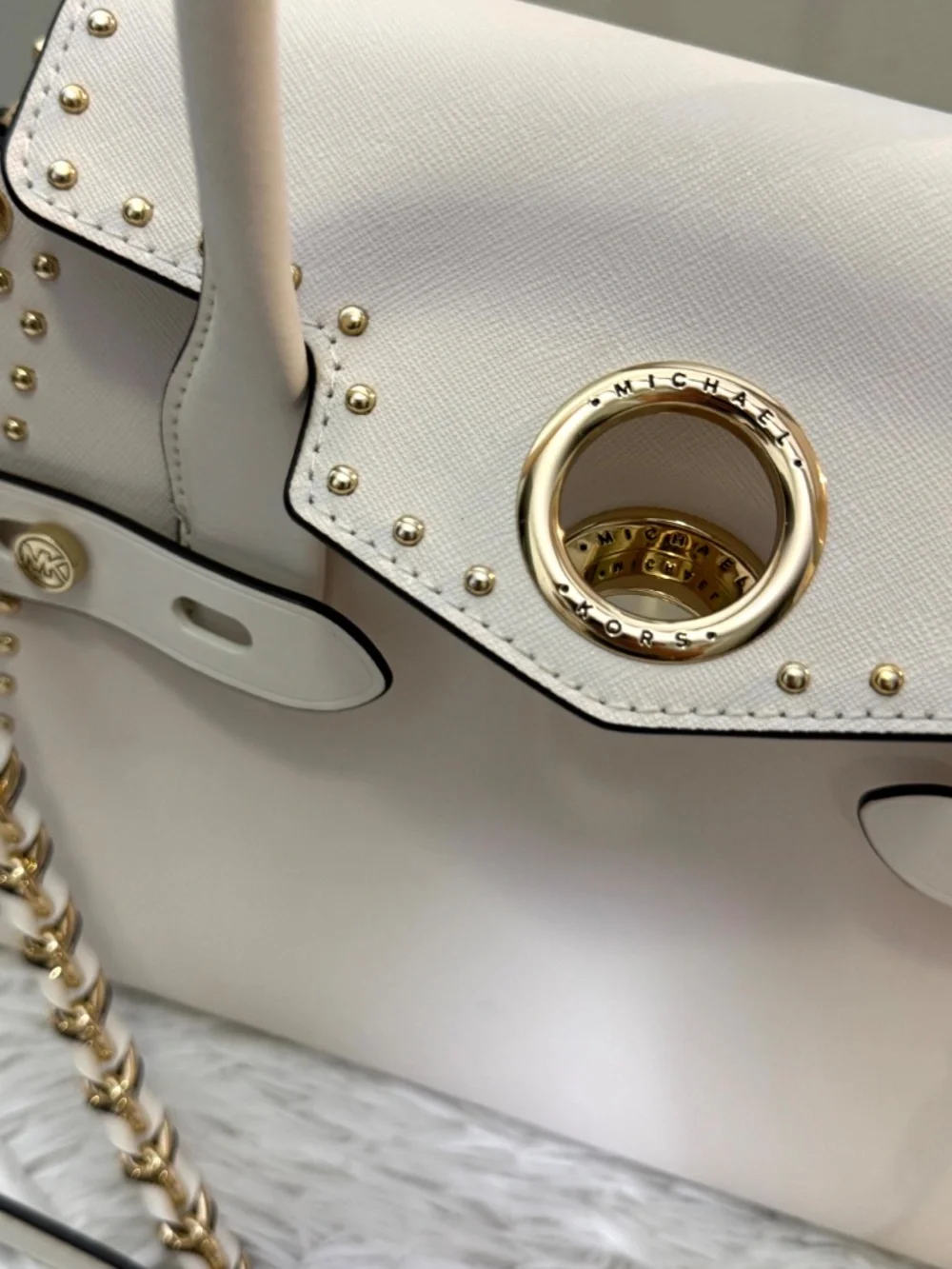 Michael Kors White Leather Studded Satchel Bag w/ Strap & Dust Bag